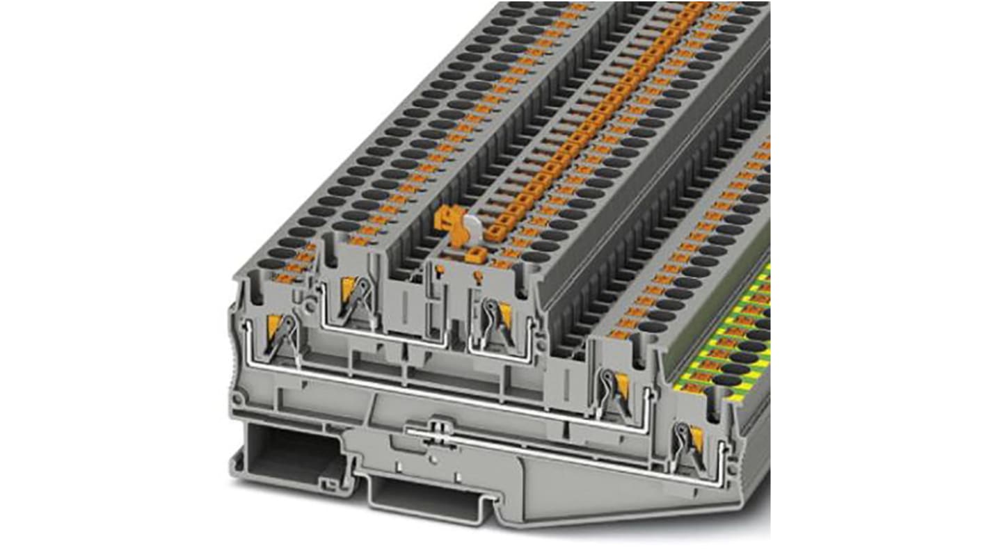 Phoenix Contact PT Series PT 4-PE/L/MT Feed Through Terminal Block, 5-Way, 30A, 24 → 10 Wire, Push In Termination