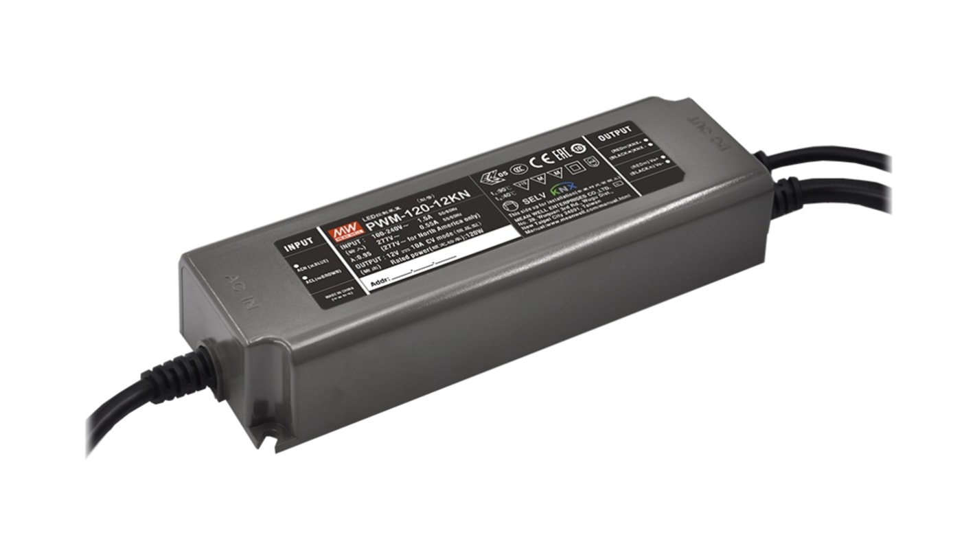 Driver LED tensión constante MEAN WELL PWM-120-KN, IN: 90 → 305 V ac, 127 → 431 V ac, OUT: 24V, 5A, 120W,