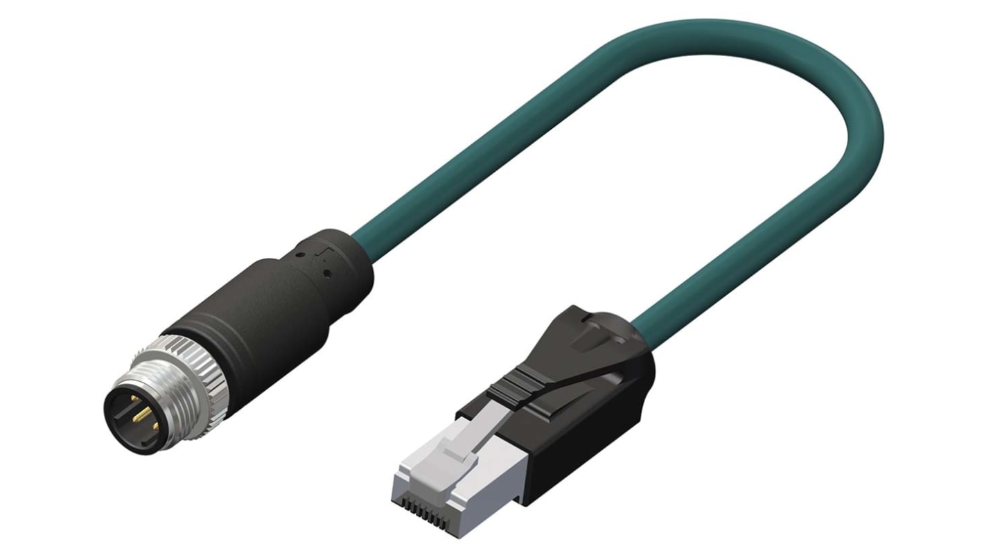 RS PRO Cat5e Straight Male M12 to Male RJ45 Ethernet Cable, Tinned Copper Braid, Teal PUR Sheath, 3m