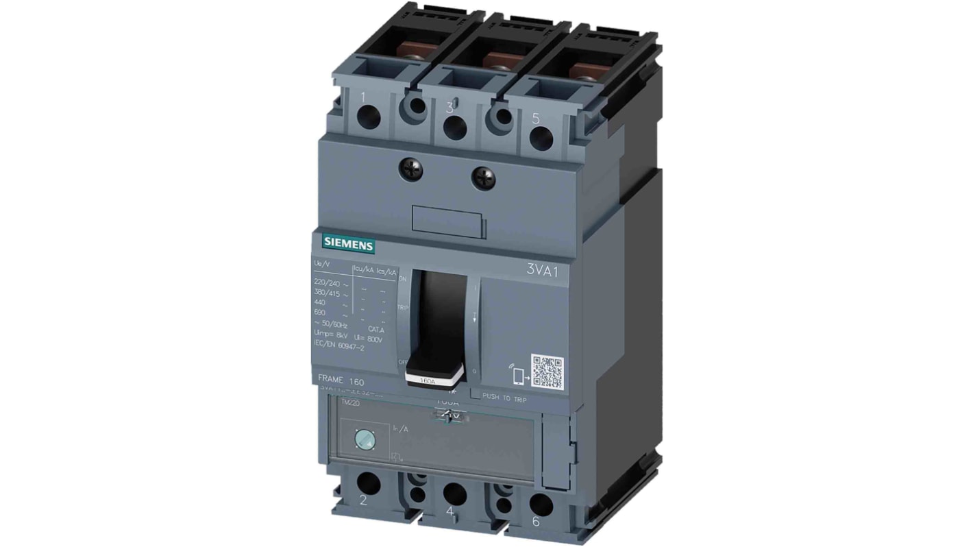 Siemens SENTRON 3VA, Leistungsschalter MCCB 3-polig, 100A / Abschaltvermögen 55 kA 690V, Fest