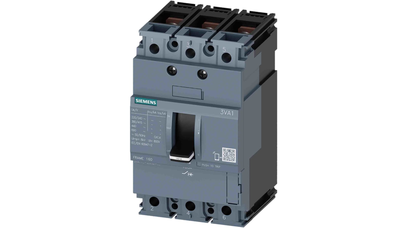 MCCB Siemens, 3 Polos, 100A, Capacidad de Ruptura 65 kA, Montaje fijo, SENTRON, 3VA