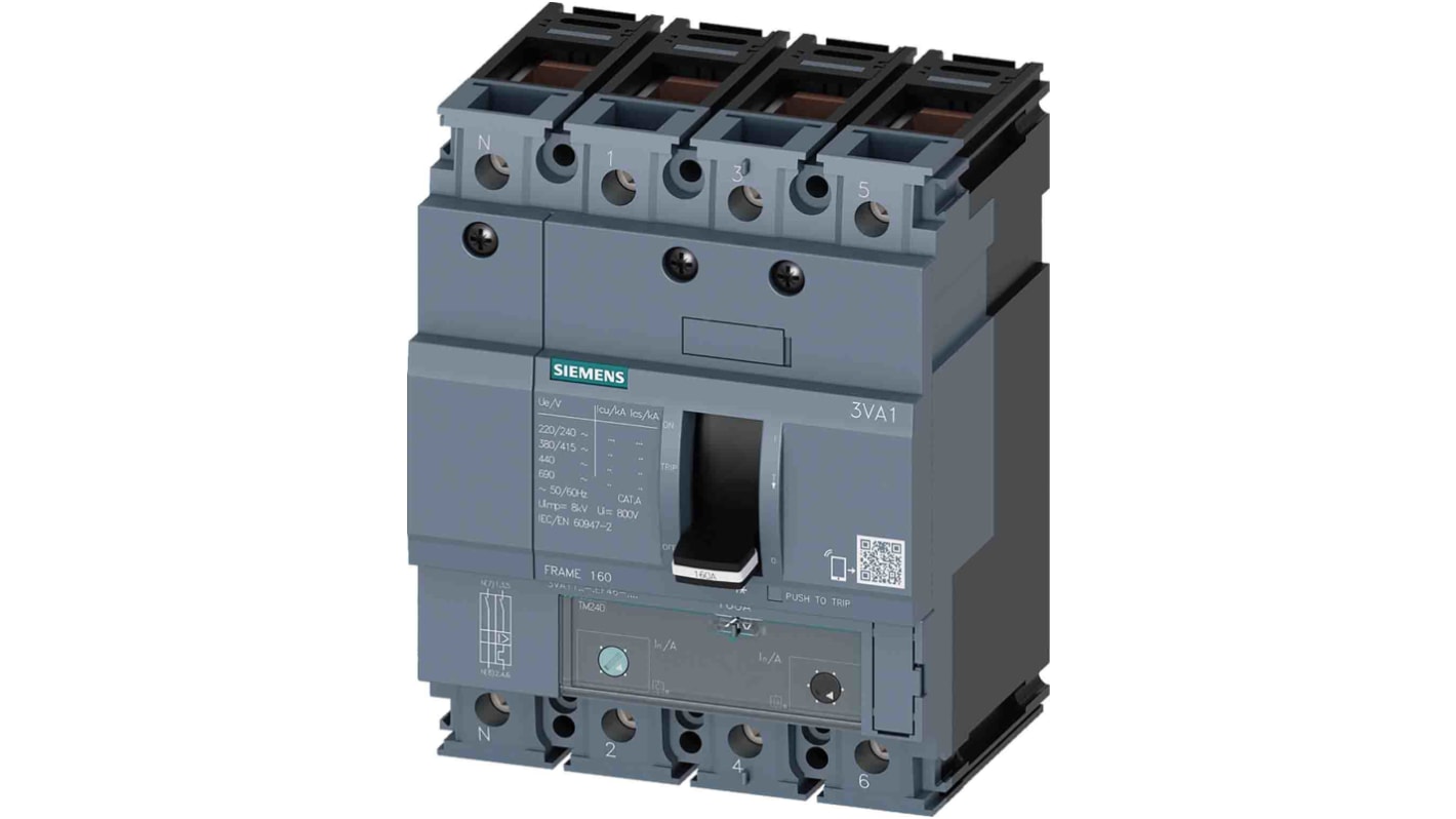 MCCB Siemens, 4 Polos, 100A, Capacidad de Ruptura 70 kA, Montaje fijo, SENTRON, 3VA