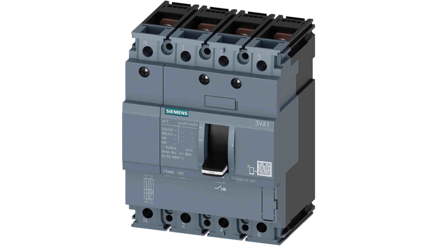 Disjoncteur Siemens SENTRON 4 pôles, 125A, pouvoir de coupure 65 kA, montage fixe