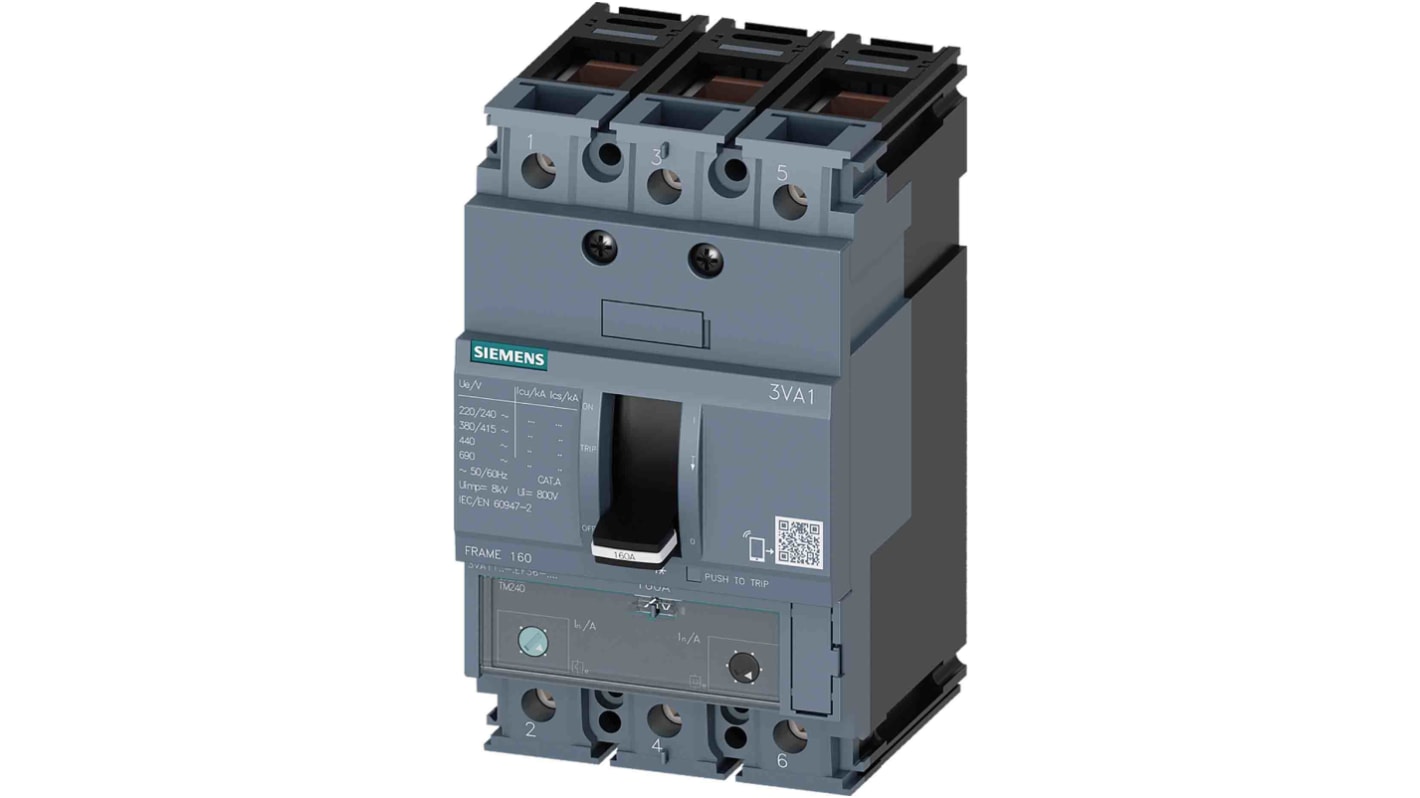 MCCB Siemens, 3 Polos, 160A, Capacidad de Ruptura 55 kA, Montaje fijo, SENTRON, 3VA