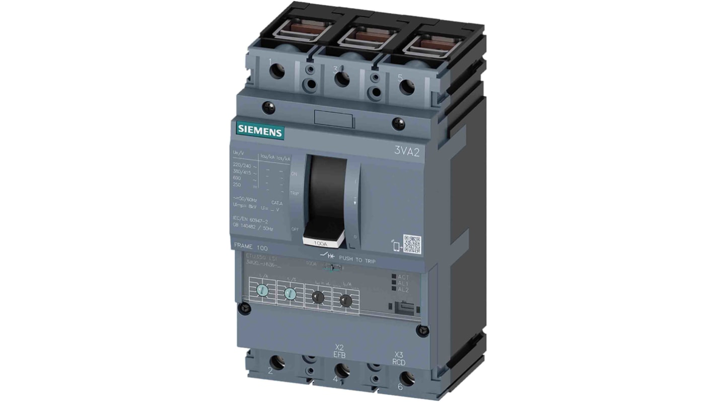 Siemens, SENTRON MCCB 3P 100A, Breaking Capacity 55 kA, Fixed Mount