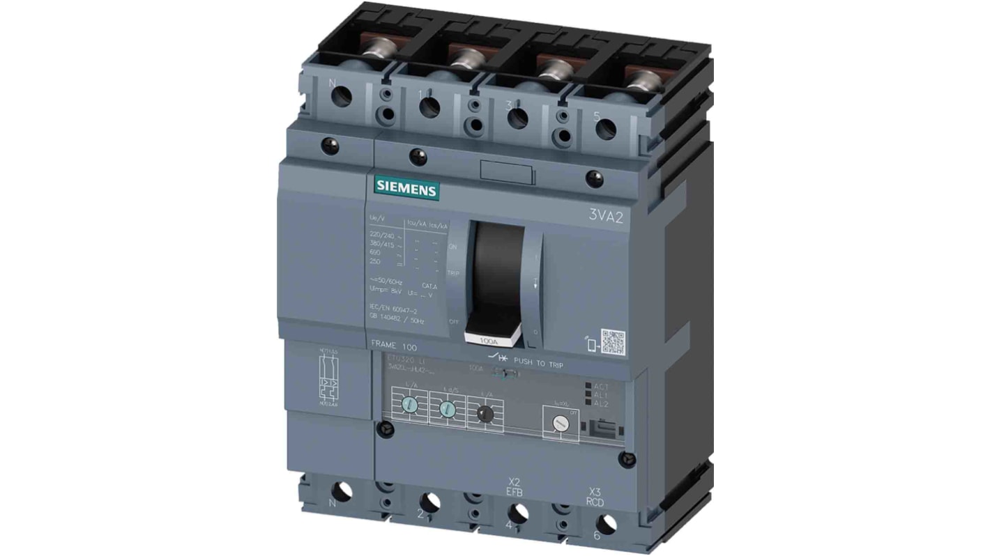 Disjoncteur Siemens SENTRON 4 pôles, 40A, pouvoir de coupure 55 kA, montage fixe