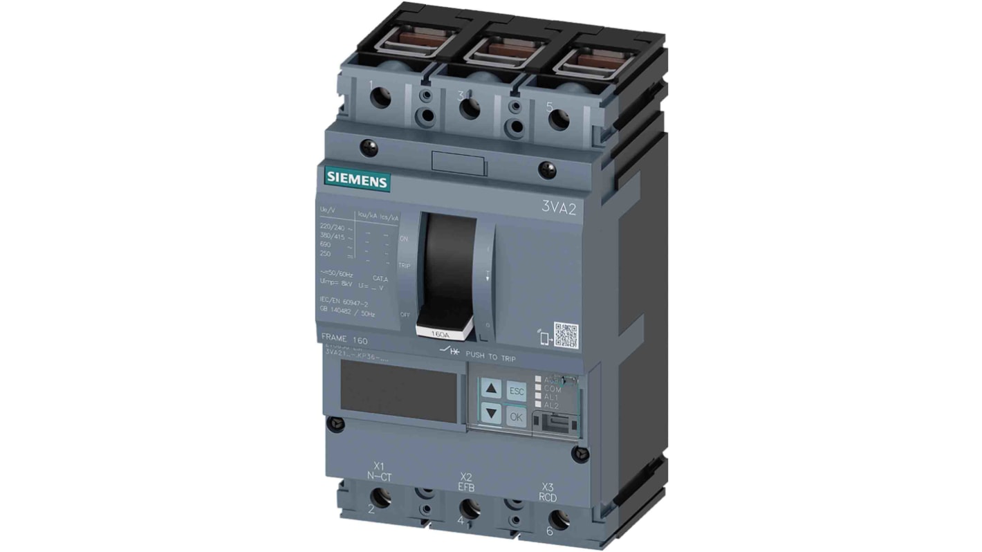 MCCB Siemens, 3 Polos, 100A, Capacidad de Ruptura 55 kA, Montaje fijo, SENTRON, 3VA