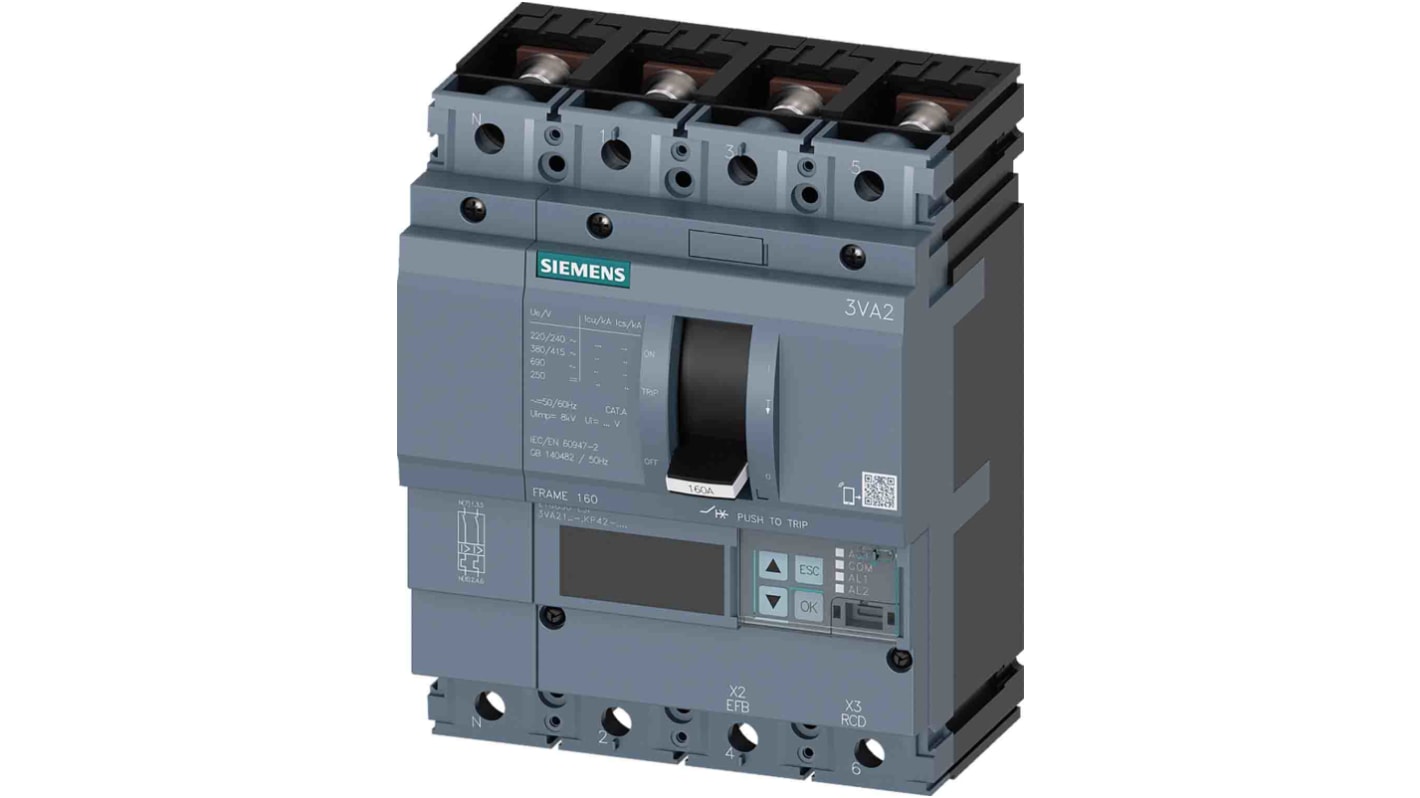 MCCB Siemens, 4 Polos, 100A, Capacidad de Ruptura 55 kA, Montaje fijo, SENTRON, 3VA