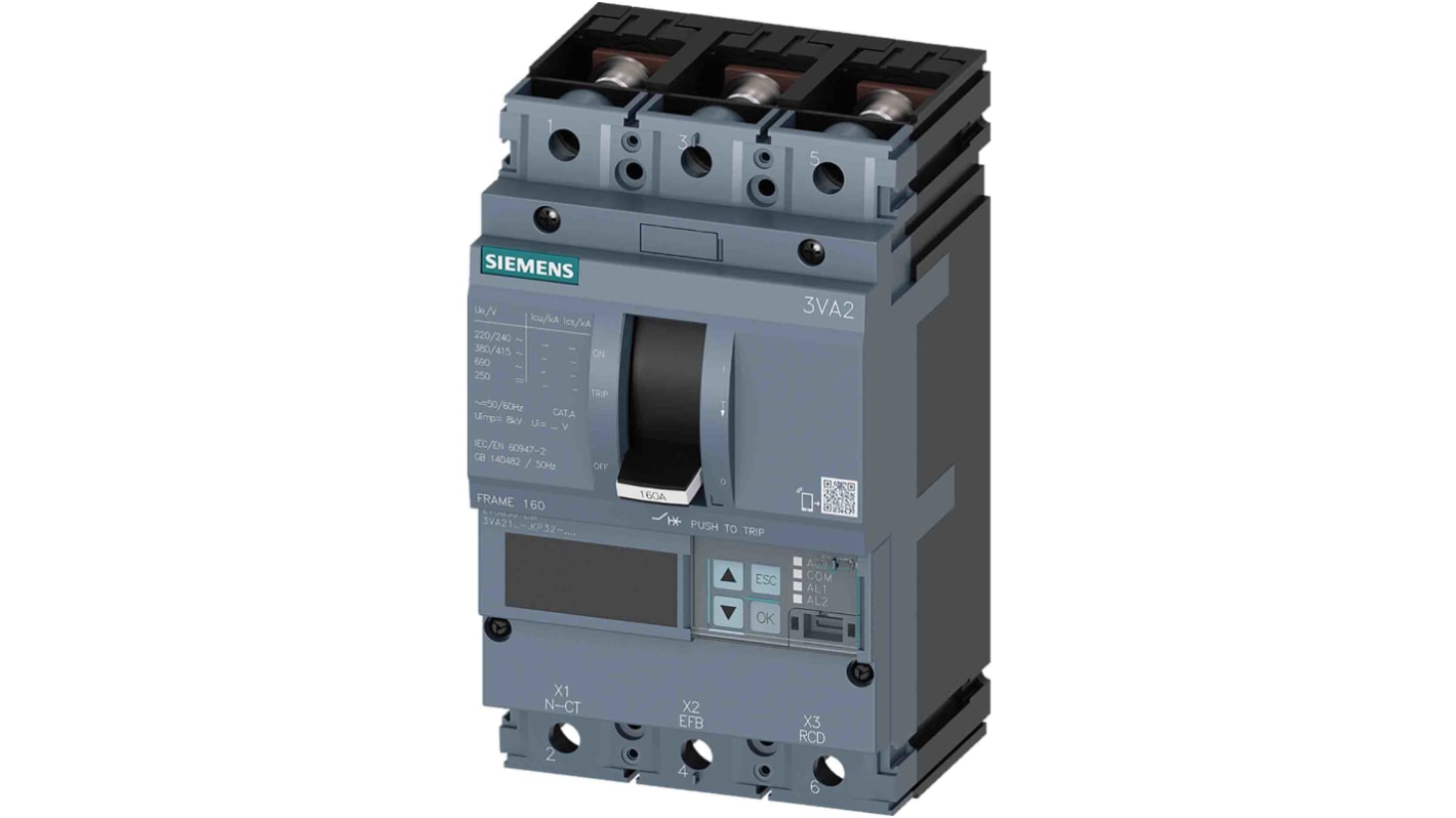 MCCB Siemens, 3 Polos, 100A, Capacidad de Ruptura 85 kA, Montaje fijo, SENTRON, 3VA