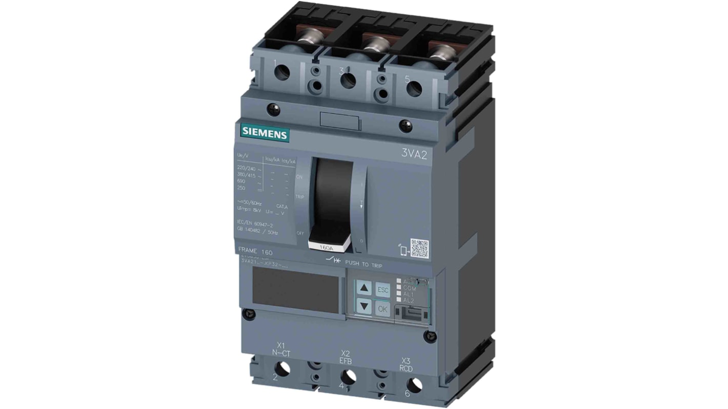 Interruttore magnetotermico scatolato 3VA2163-6KP32-0AA0, 3, 63A, 690V, potere di interruzione 85 kA, Fissa