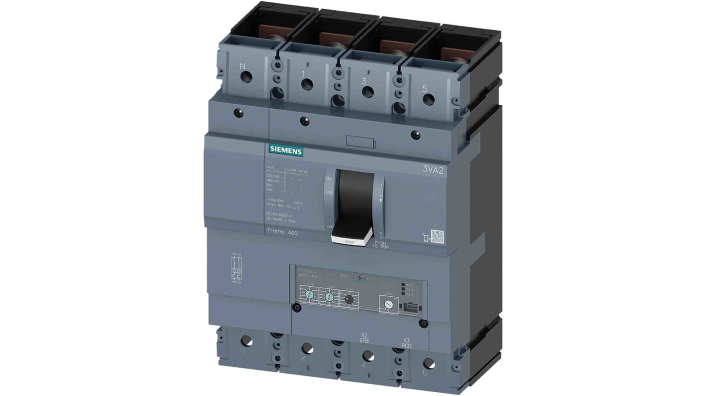 MCCB Siemens, 4 Polos, 250A, Capacidad de Ruptura 55 kA, Montaje fijo, SENTRON, 3VA