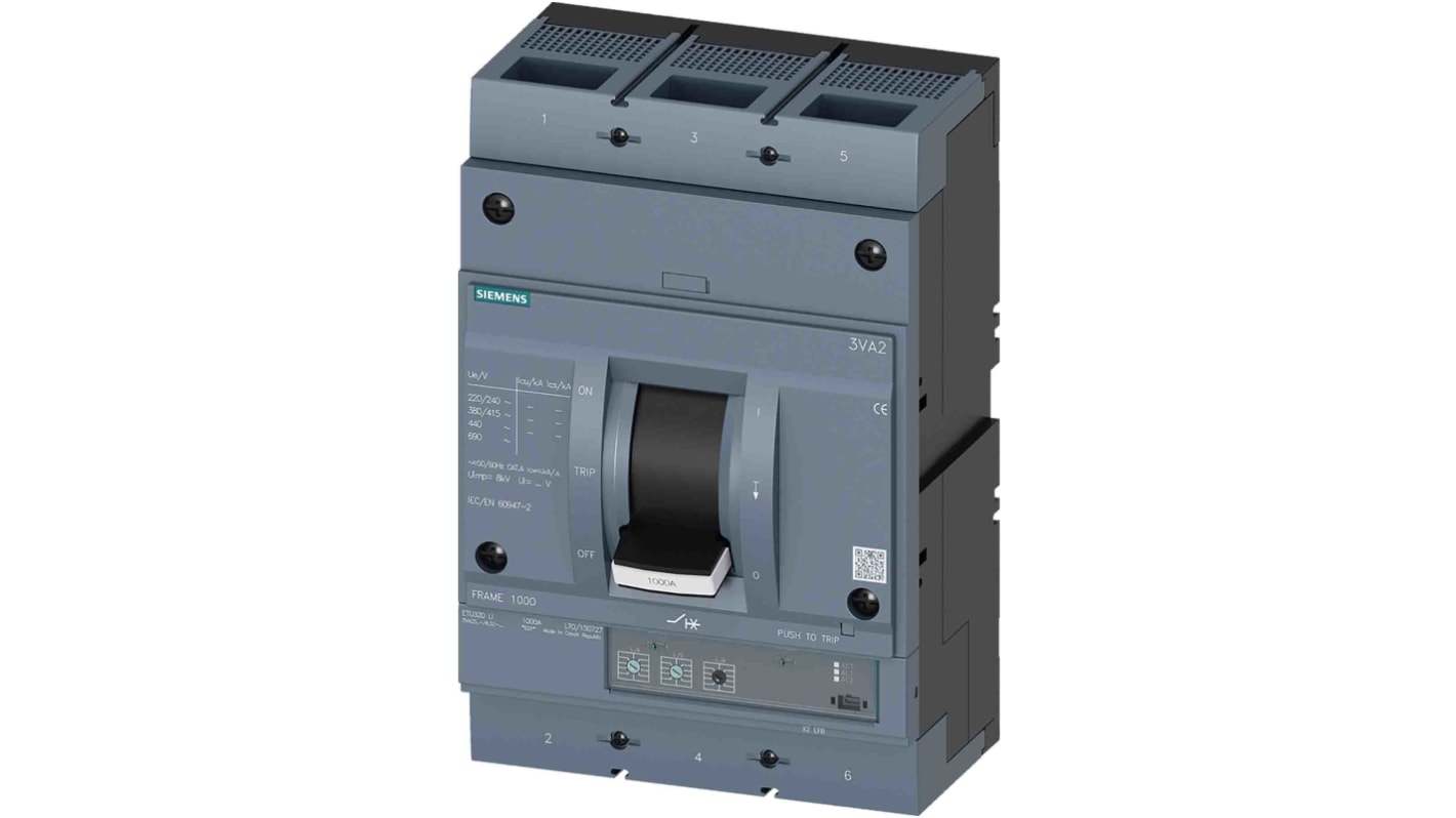 MCCB Siemens, 3 Polos, 1kA, Capacidad de Ruptura 55 kA, Montaje fijo, SENTRON, 3VA