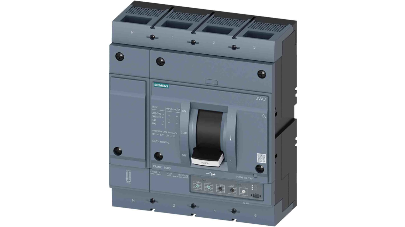 MCCB Siemens, 4 Polos, 1kA, Capacidad de Ruptura 55 kA, Montaje fijo, SENTRON, 3VA