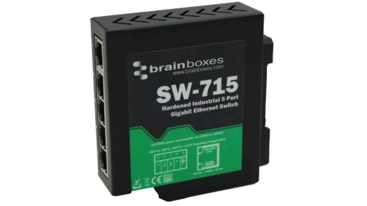 Conmutador Ethernet Brainboxes SW-715, 5 puertos RJ45, Montaje Montaje en carril DIN, 1000Mbit/s