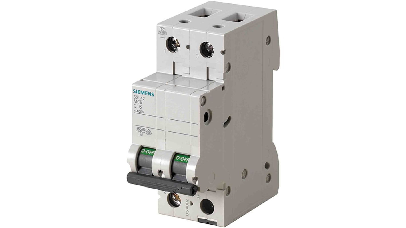 Siemens SENTRON 5SL4 MCB, 2P, 3A Curve D, 400V AC, 10 kA Breaking Capacity