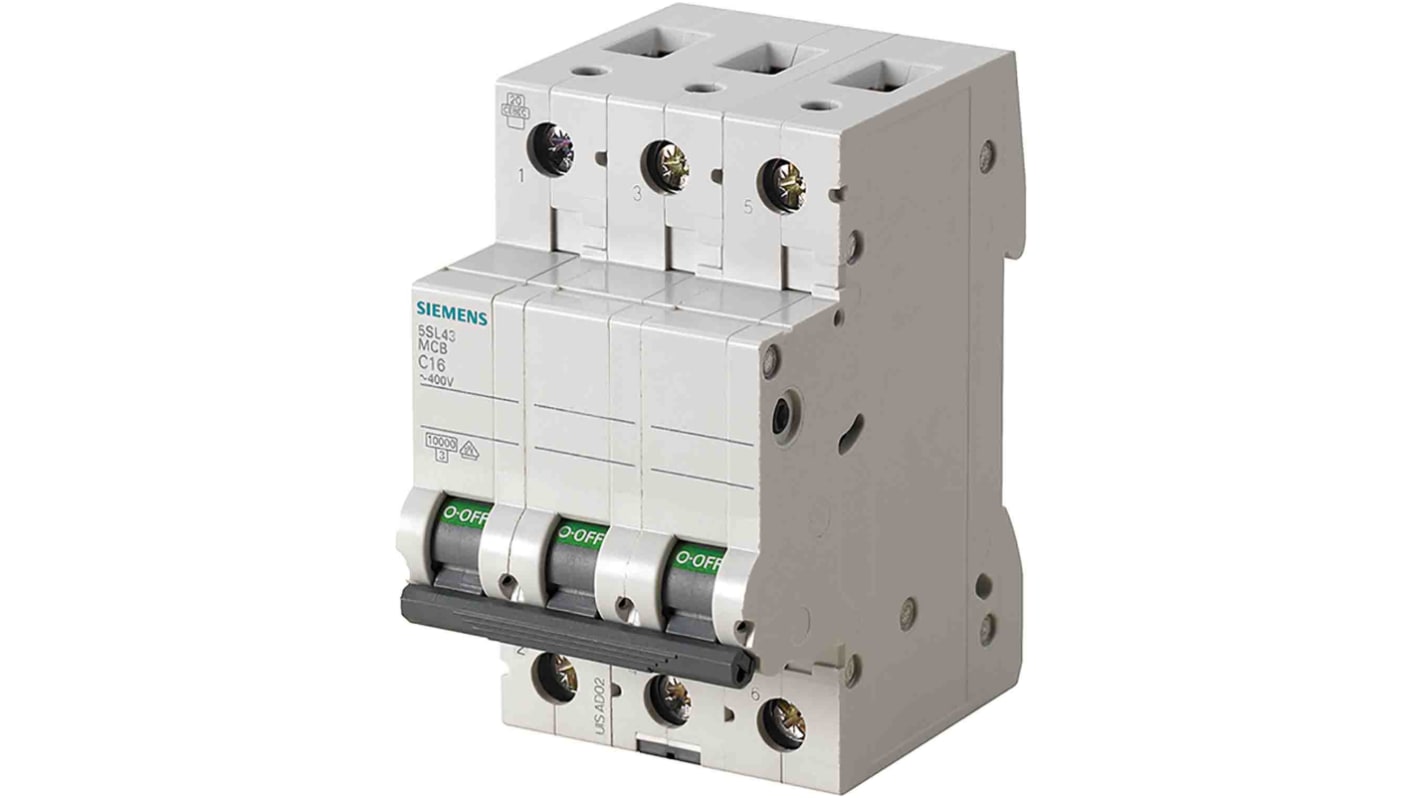 Siemens SENTRON 5SL4 MCB, 3P, 1A Curve D, 400V AC, 10 kA Breaking Capacity