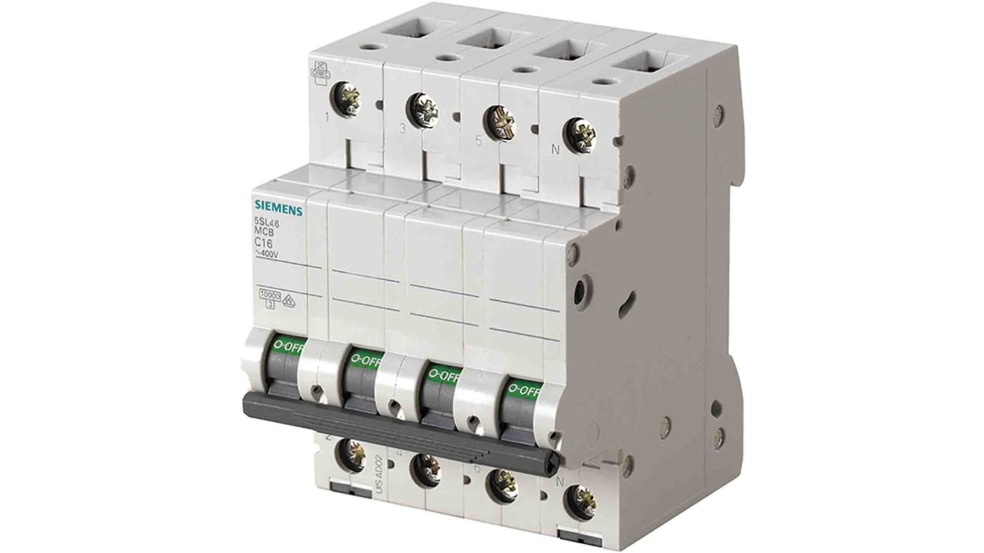 Siemens SENTRON 5SL4 MCB, 3P+N, 1A Curve D, 400V AC, 10 kA Breaking Capacity