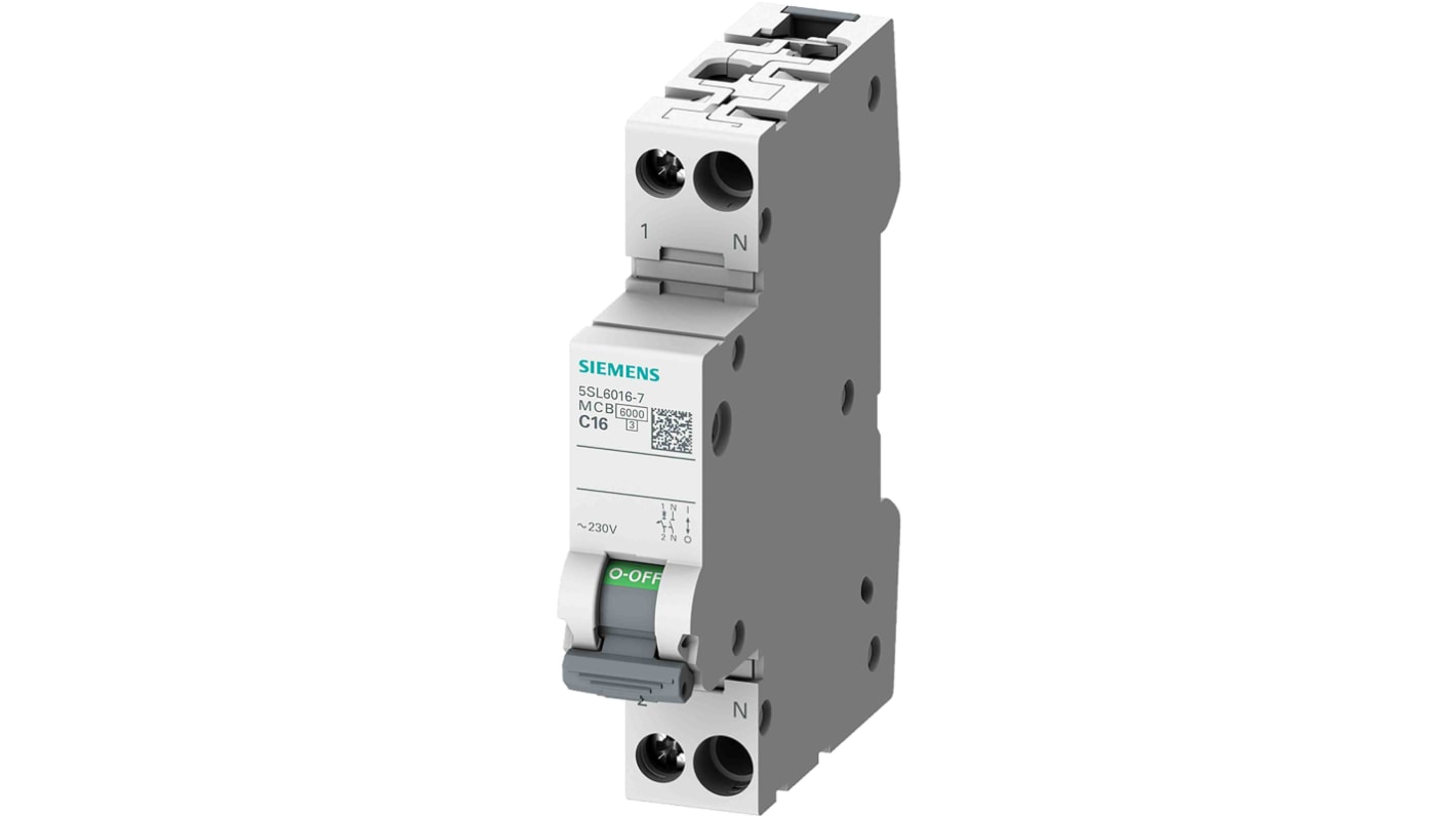 Siemens SENTRON 5SL6 MCB, 1P+N, 4A Curve C, 230V AC, 6 kA Breaking Capacity