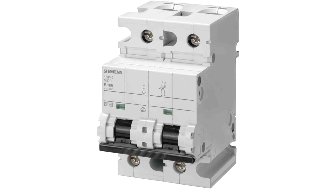 Disjoncteur Siemens 5SP4 2P, 100A, pouvoir de coupure 10 kA, montage rail DIN