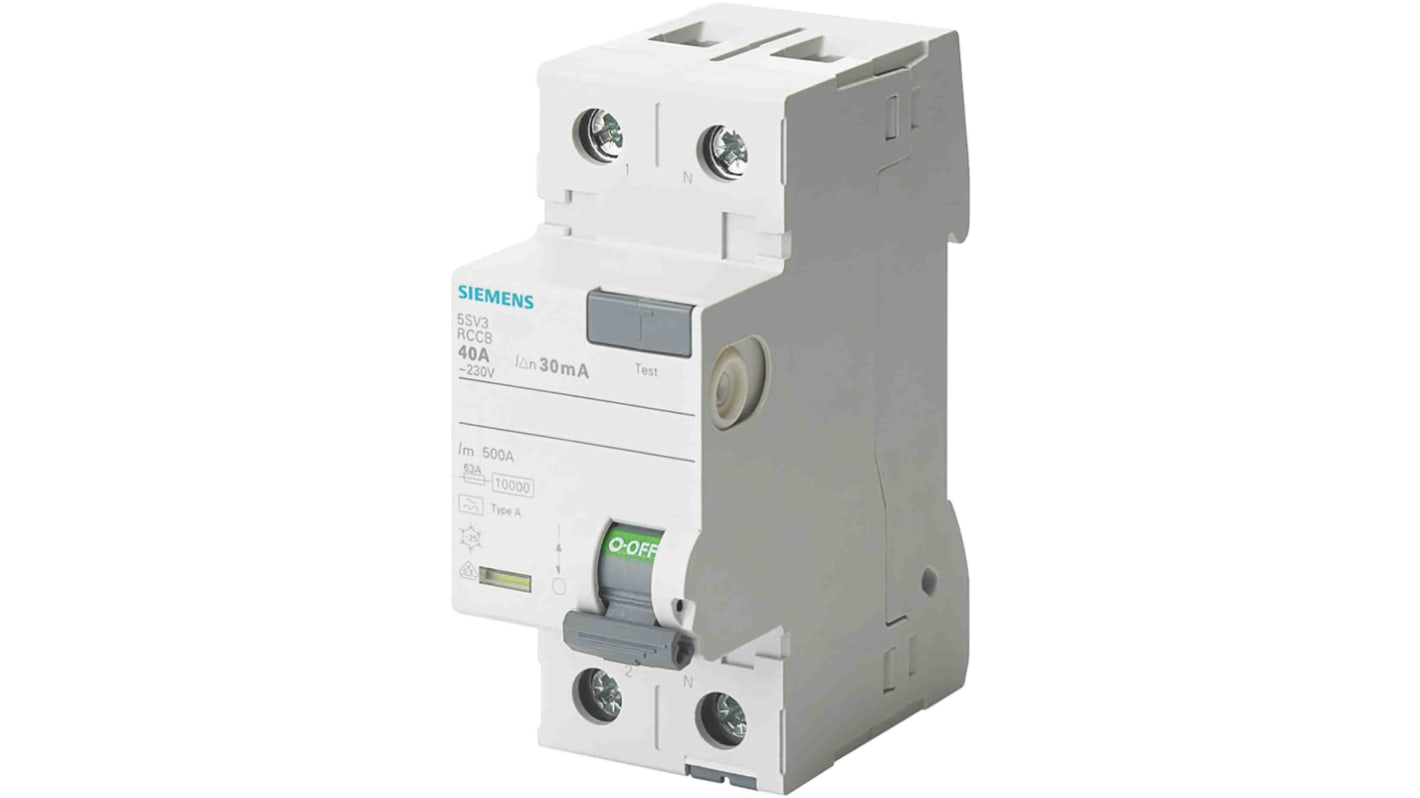 Interrupteur différentiel Siemens 5SV3, 2 Pôles, 63A, 30mA, Type A