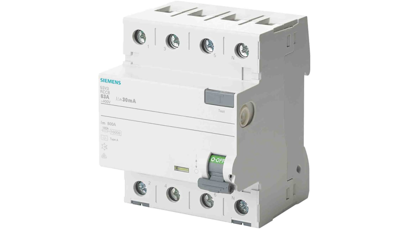 Interrupteur différentiel Siemens 5SV3, 4 Pôles, 63A, 30mA, Type A