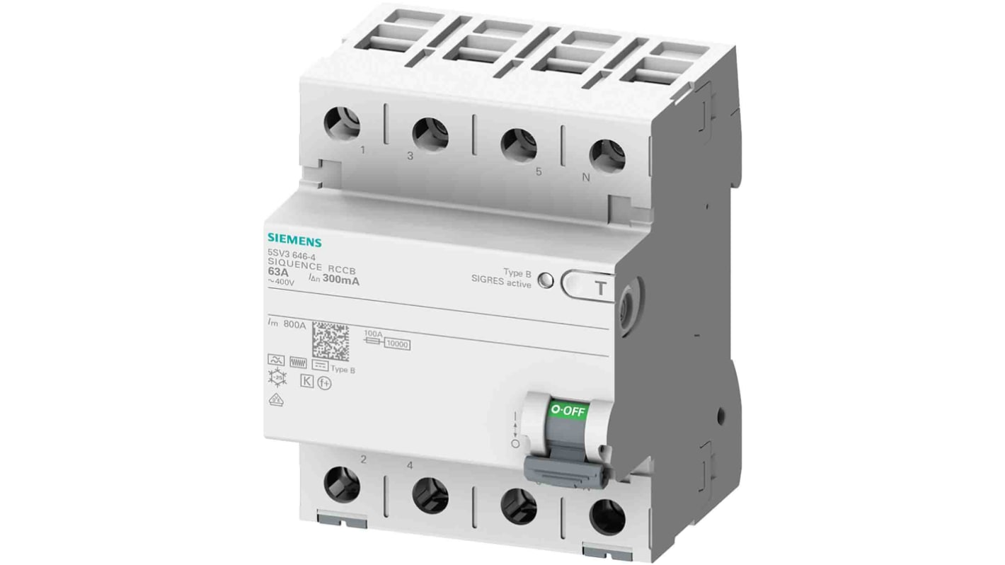 Interrupteur différentiel Siemens 5SV3, 4 Pôles, 25A, 300mA