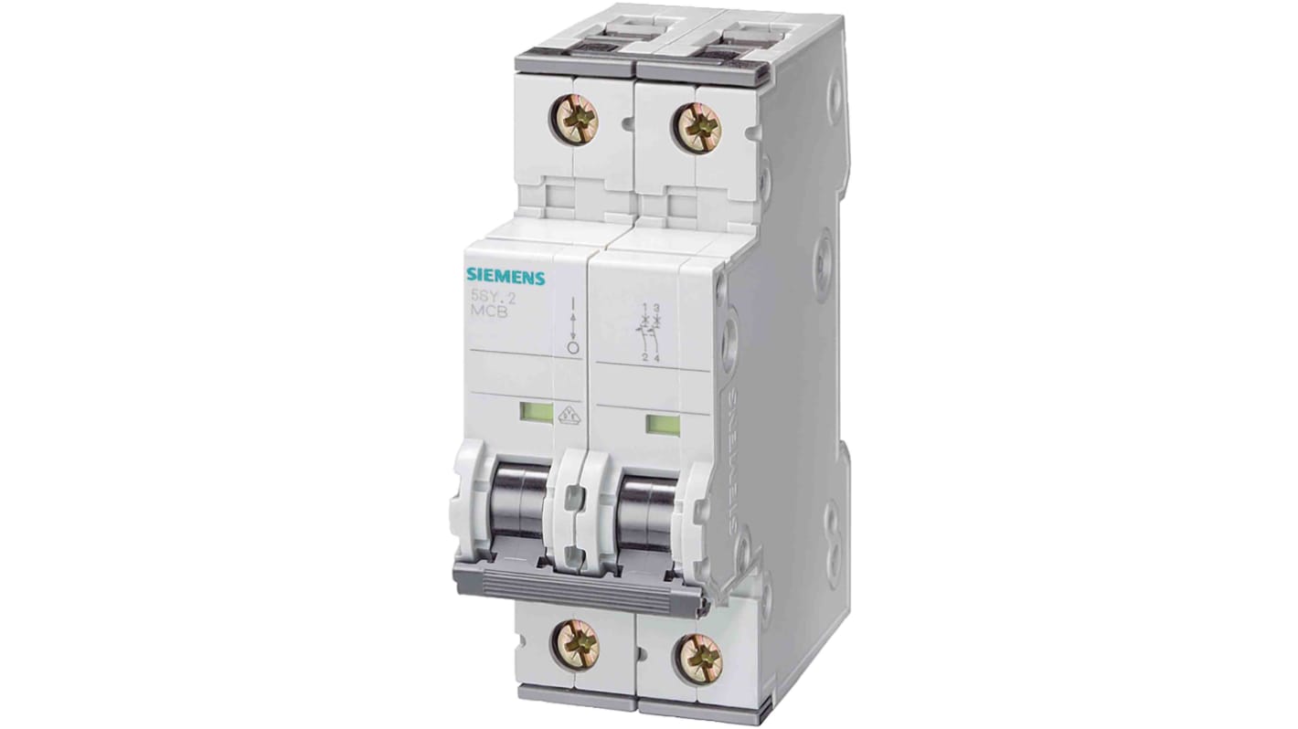 Siemens 5SY4 MCB Leitungsschutzschalter Typ D, 2-polig 8A 400V, Abschaltvermögen 10 kA SENTRON DIN-Schienen-Montage