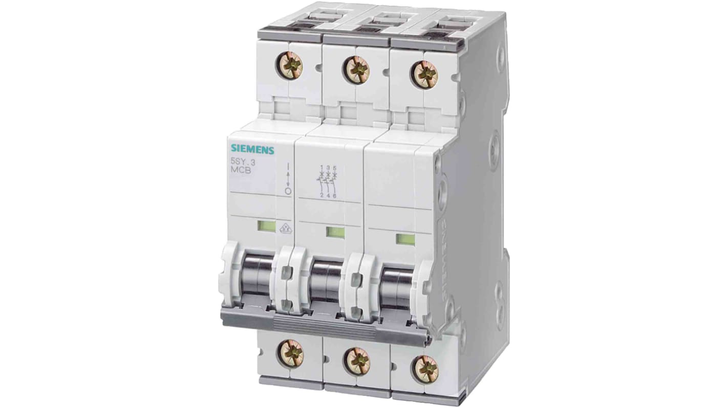 Siemens 5SY4 MCB Leitungsschutzschalter Typ D, 3-polig 500mA 400V, Abschaltvermögen 10 kA SENTRON DIN-Schienen-Montage