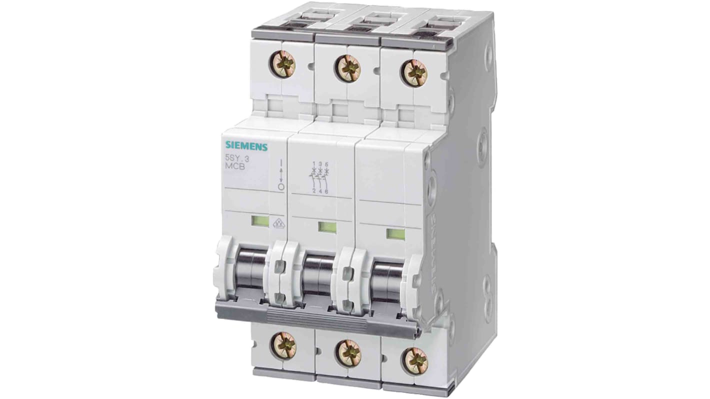 Disjoncteur Siemens 5SY8 3P, 6A, pouvoir de coupure 5 kA, montage rail DIN