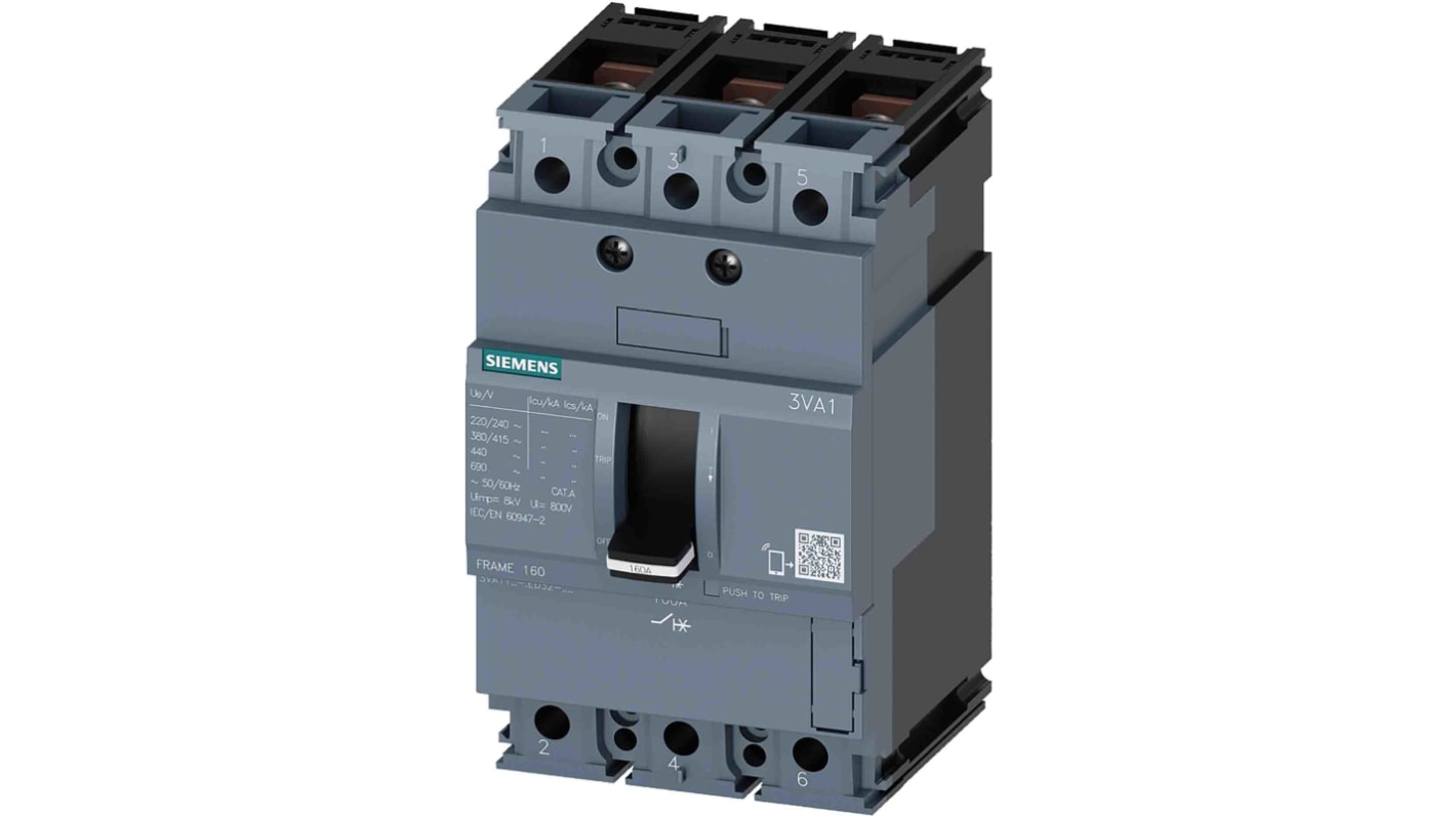 Siemens SENTRON 3VA1, Leistungsschalter MCCB 3-polig, 125A / Abschaltvermögen 25 kA 690V 500V, L. 76.2mm
