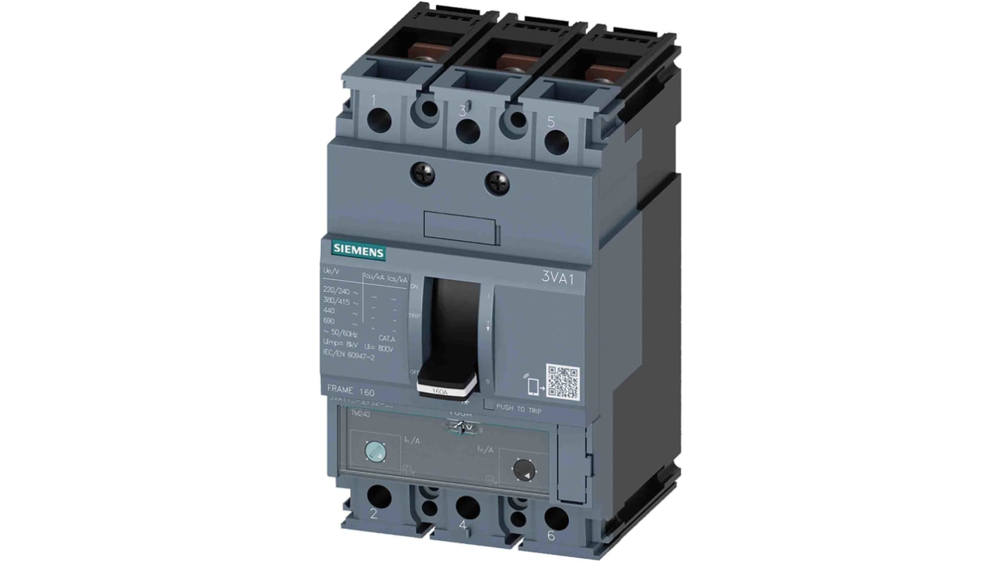 Siemens SENTRON 3VA1, Leistungsschalter MCCB 3-polig, 125A / Abschaltvermögen 55 kA 690V 500V, L. 76.2mm