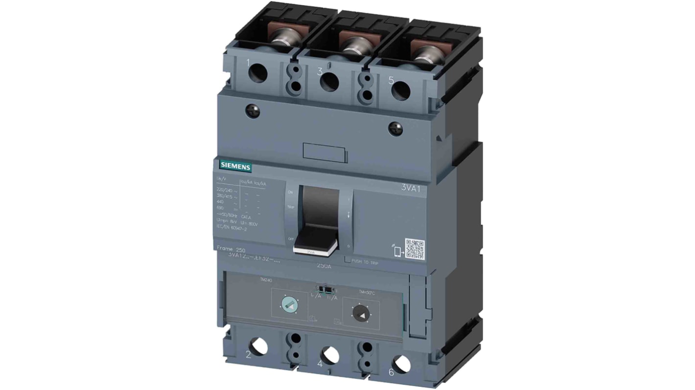 MCCB Siemens, 3 Polos, 160A, Capacidad de Ruptura 70 kA, SENTRON, 3VA1