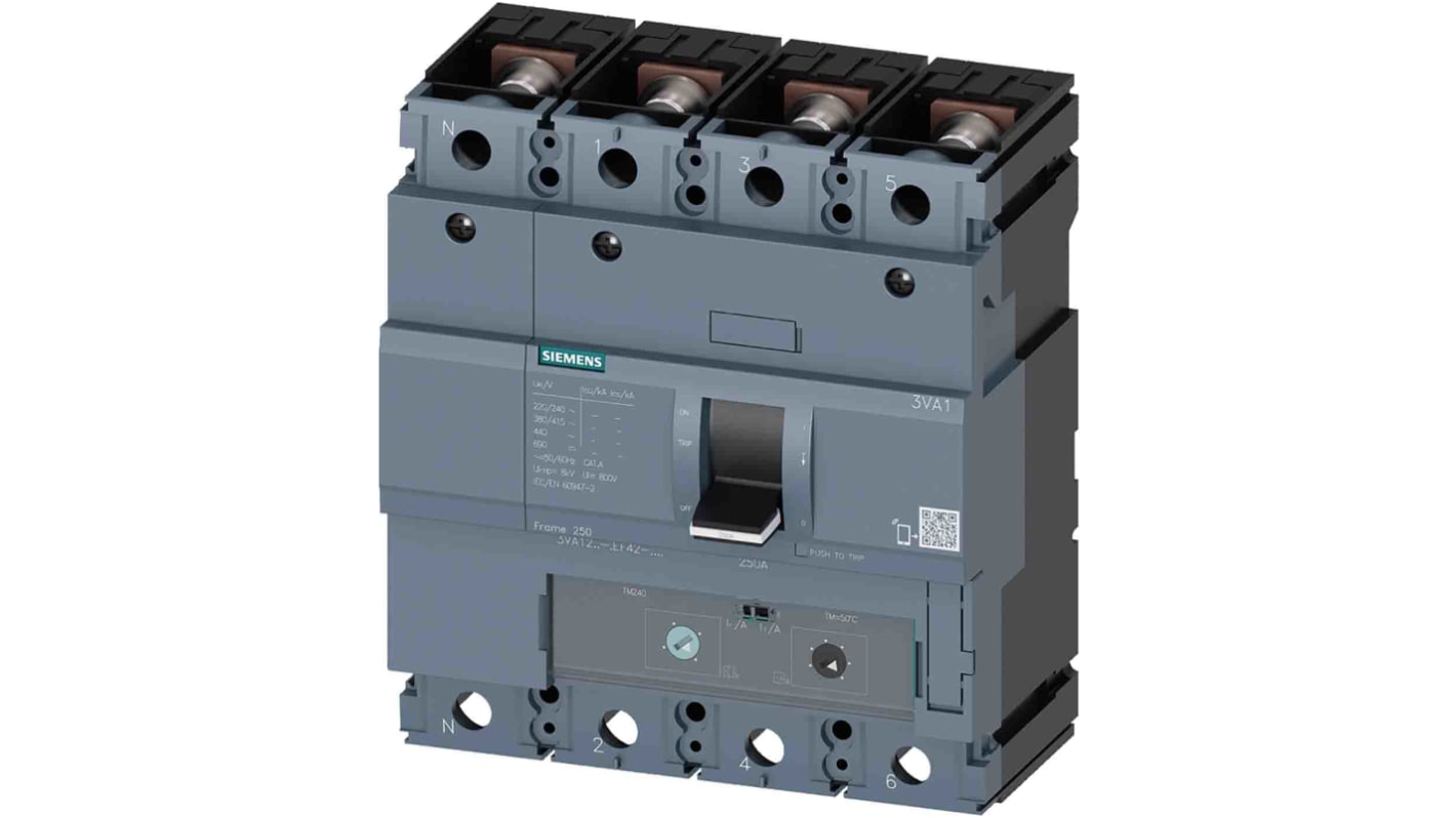 MCCB Siemens, 4 Polos, 250A, Capacidad de Ruptura 36 kA, SENTRON, 3VA1