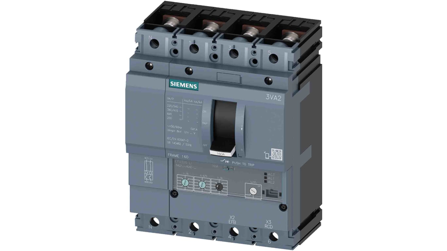 Siemens SENTRON 3VA2, Leistungsschalter MCCB 4-polig, 160A / Abschaltvermögen 55 kA 690V, L. 140mm