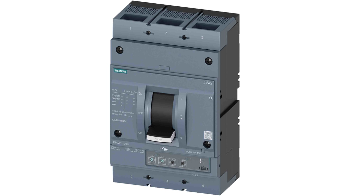 MCCB Siemens, 3 Polos, 630A, Capacidad de Ruptura 55 kA, SENTRON, 3VA2