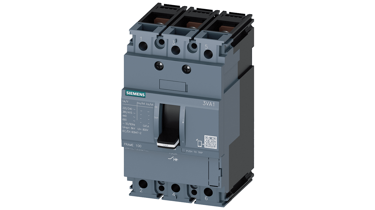 Siemens SENTRON 3VA1, Leistungsschalter MCCB 3-polig, 50A / Abschaltvermögen 25 kA 690V 500V, L. 76.2mm