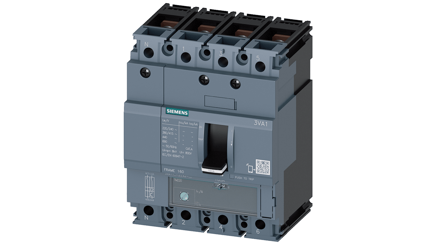 Siemens SENTRON 3VA1, Leistungsschalter MCCB 4-polig, 100A / Abschaltvermögen 36 kA 690V 600V, L. 101.6mm