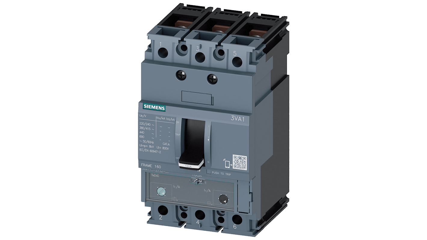 Siemens SENTRON 3VA1, Leistungsschalter MCCB 3-polig, 125A / Abschaltvermögen 25 kA 690V 500V, L. 76.2mm