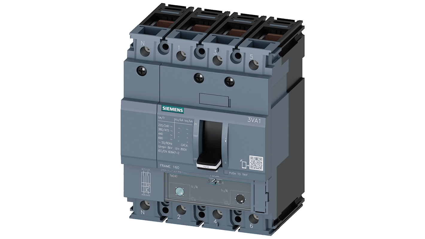 Siemens SENTRON 3VA1, Leistungsschalter MCCB 4-polig, 160A / Abschaltvermögen 25 kA 690V 600V, L. 101.6mm