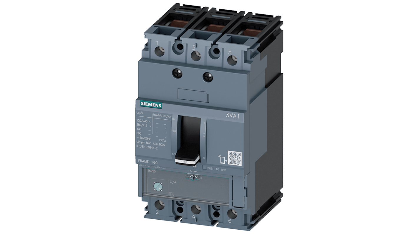 Siemens SENTRON 3VA1, Leistungsschalter MCCB 3-polig, 50A / Abschaltvermögen 70 kA 690V 500V, L. 76.2mm