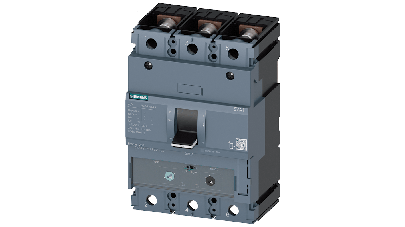Siemens SENTRON 3VA1, Leistungsschalter MCCB 3-polig, 250A / Abschaltvermögen 55 kA 690V 500V, L. 105mm