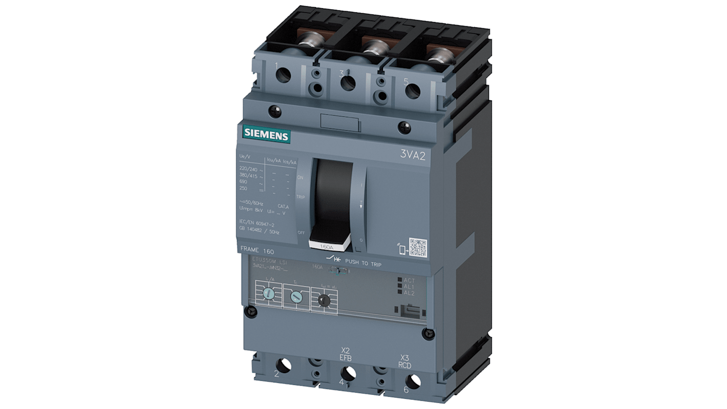 MCCB Siemens, 3 Polos, 25A, Capacidad de Ruptura 55 kA, SENTRON, 3VA2