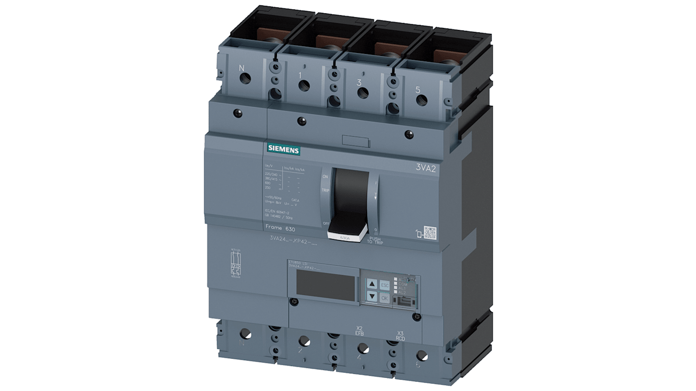 Siemens SENTRON 3VA2, Leistungsschalter MCCB 4-polig, 630A / Abschaltvermögen 85 kA 690V, L. 184mm