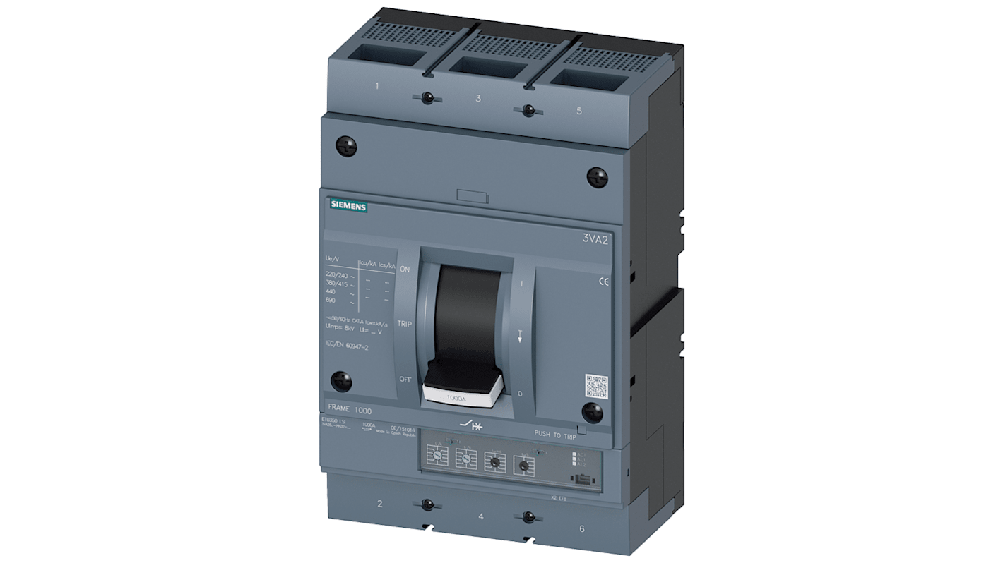 Siemens SENTRON 3VA2, Leistungsschalter MCCB 3-polig, 1kA / Abschaltvermögen 55 kA 690V, L. 210mm