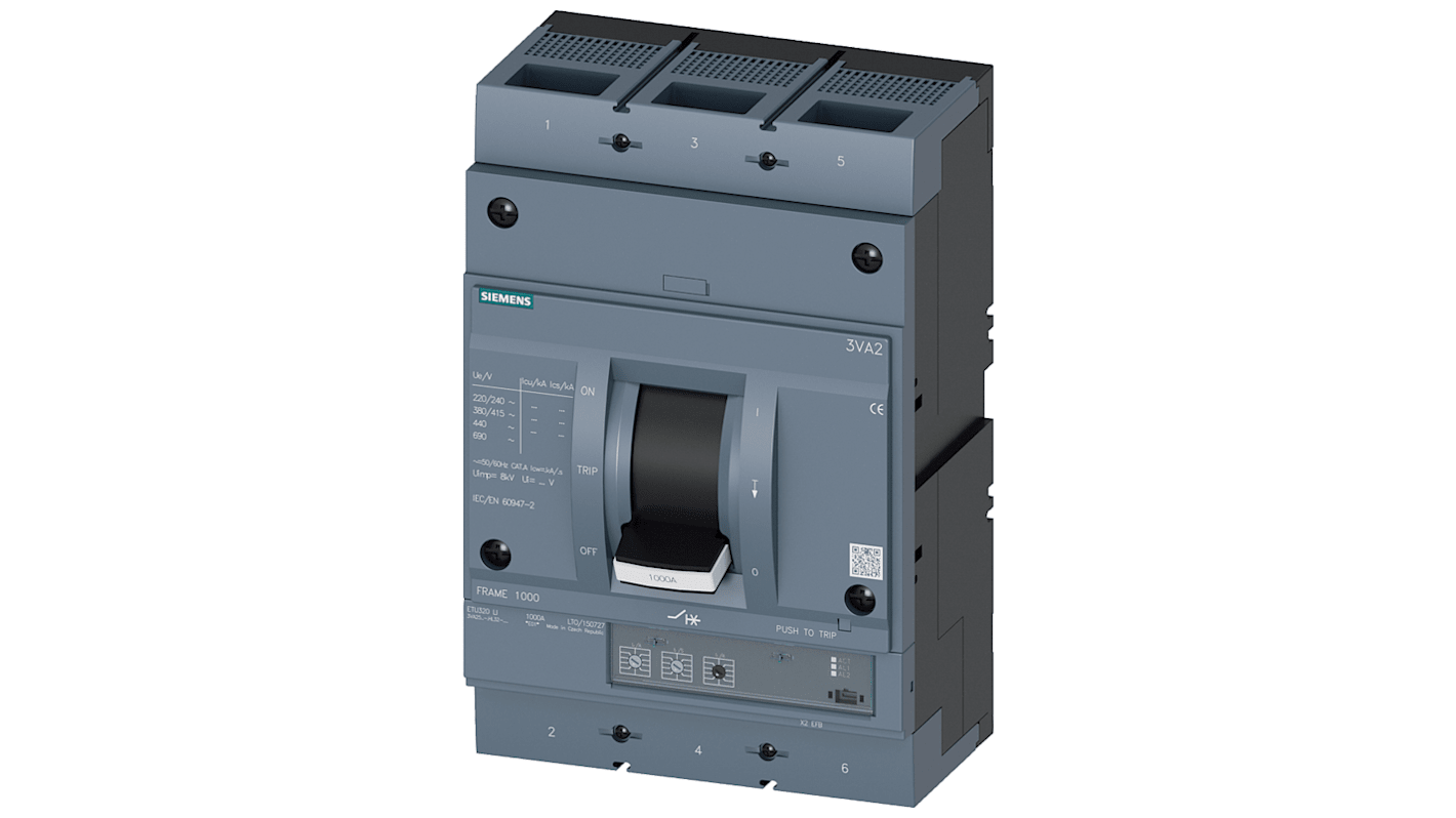 MCCB Siemens, 3 Polos, 630A, Capacidad de Ruptura 55 kA, SENTRON, 3VA2