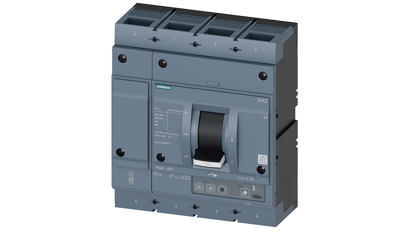 Siemens SENTRON 3VA2, Leistungsschalter MCCB 4-polig, 800A / Abschaltvermögen 85 kA 690V, L. 280mm