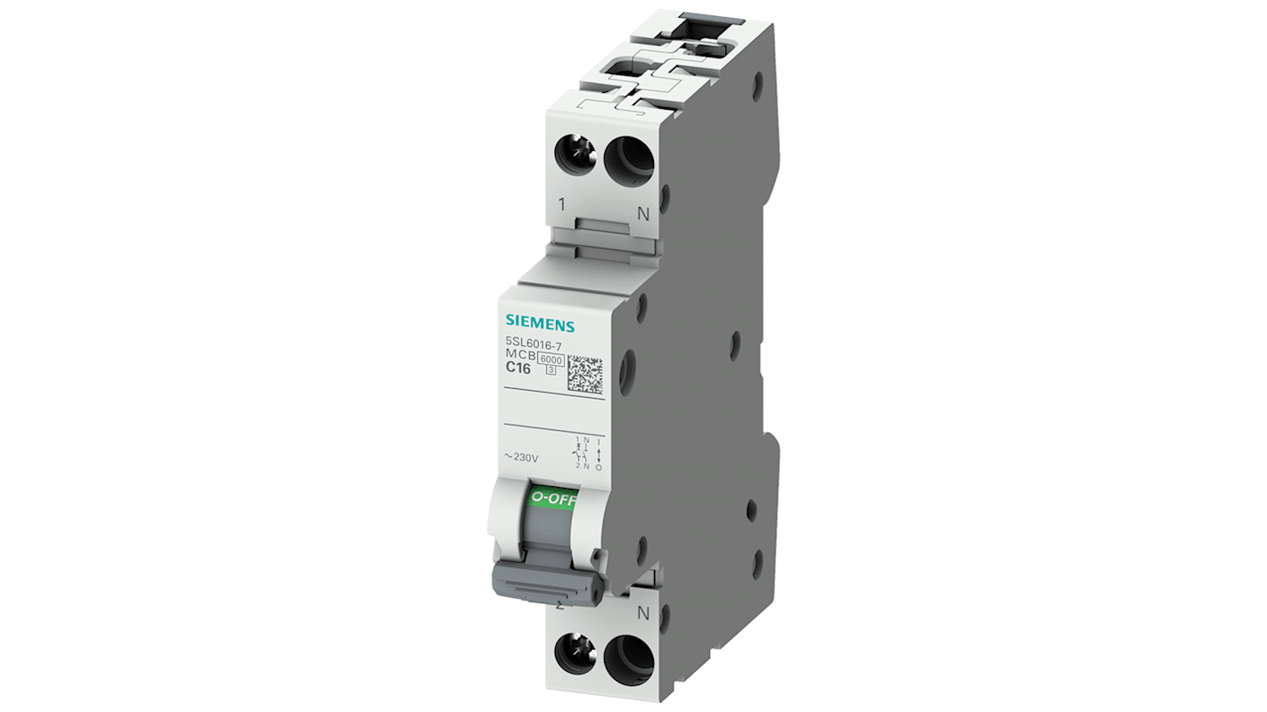 Siemens 5SL6 MCB Leitungsschutzschalter Typ B, Pol 1P+N 16A 230V SENTRON DIN-Schienen-Montage