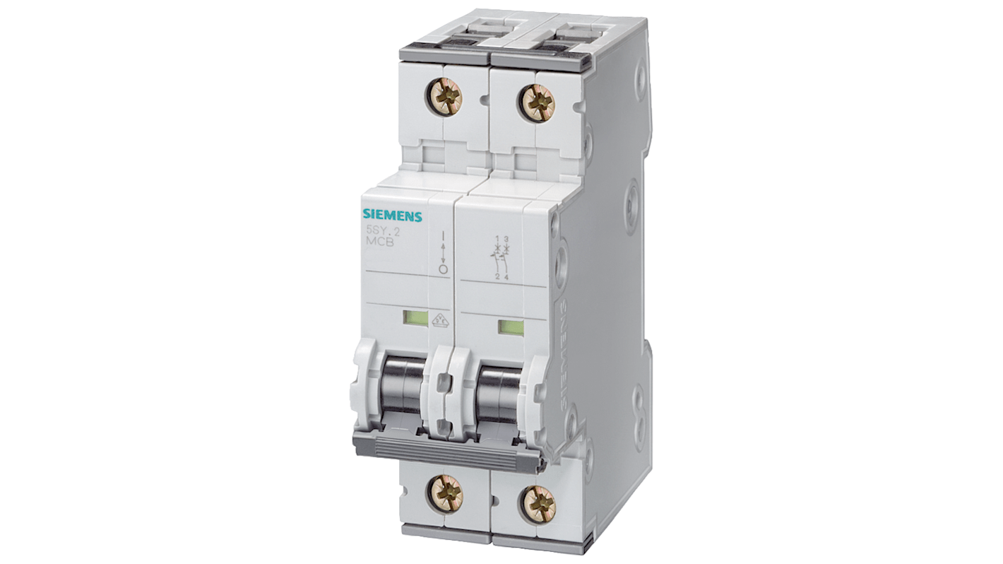 Siemens SENTRON 5SY5 MCB, 2P, 16A Curve B, 400V AC, 440V DC, 10 kA Breaking Capacity