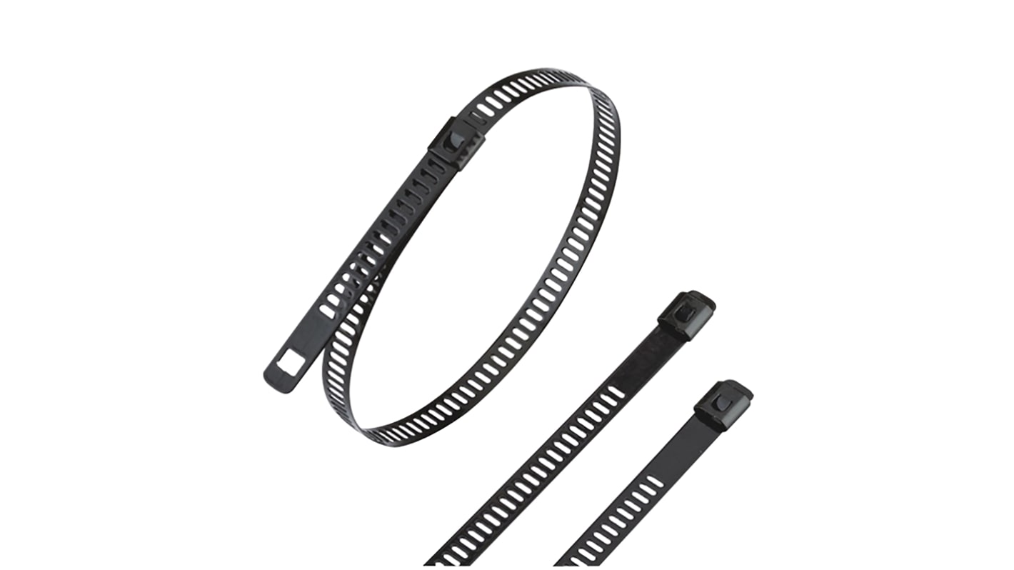 RS PRO Cable Ties, Ladder Single Lock, 430mm x 7 mm, Black 316 Stainless Steel, Pk-100