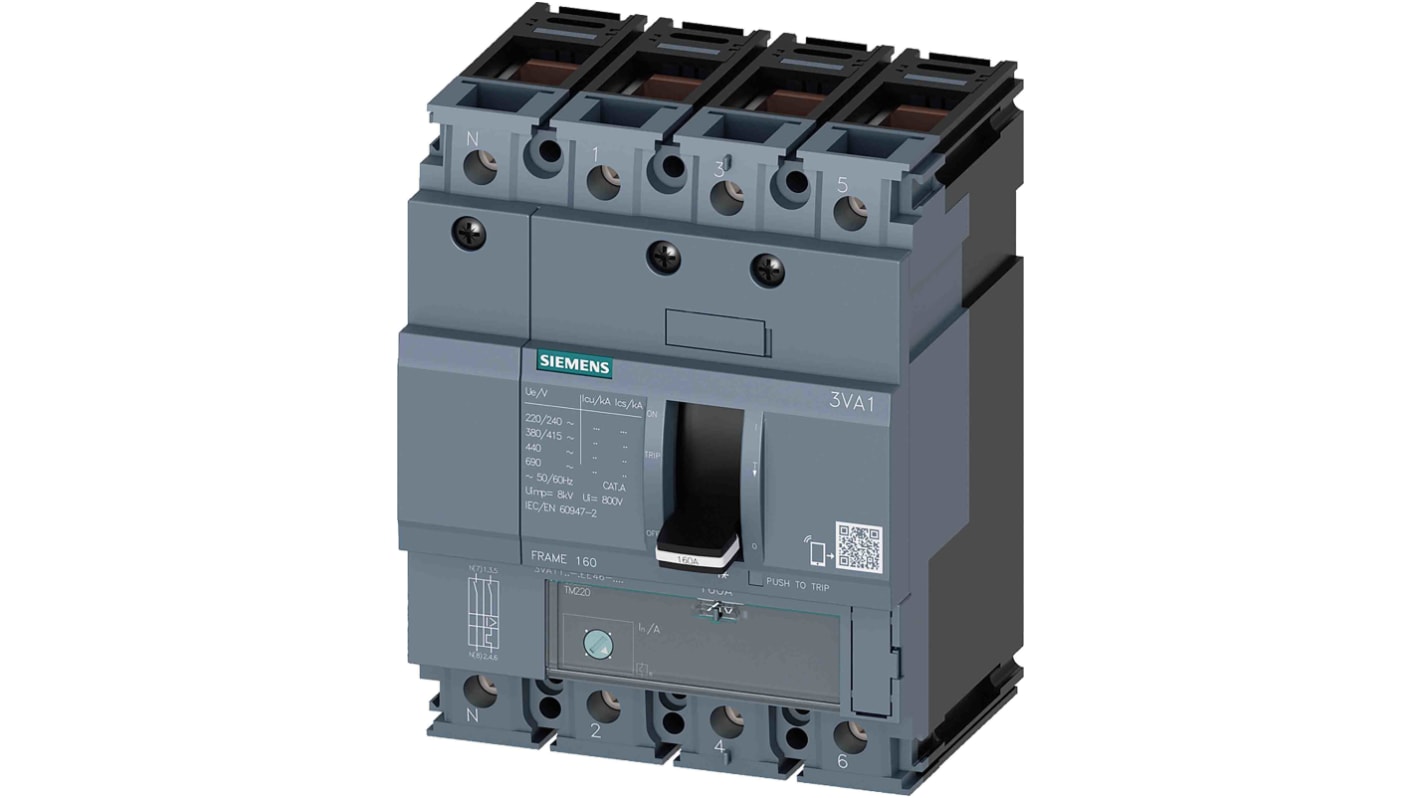 Siemens SENTRON 3VA1, Leistungsschalter MCCB 4-polig, 32A / Abschaltvermögen 70 kA 690V 600V, L. 101.6mm
